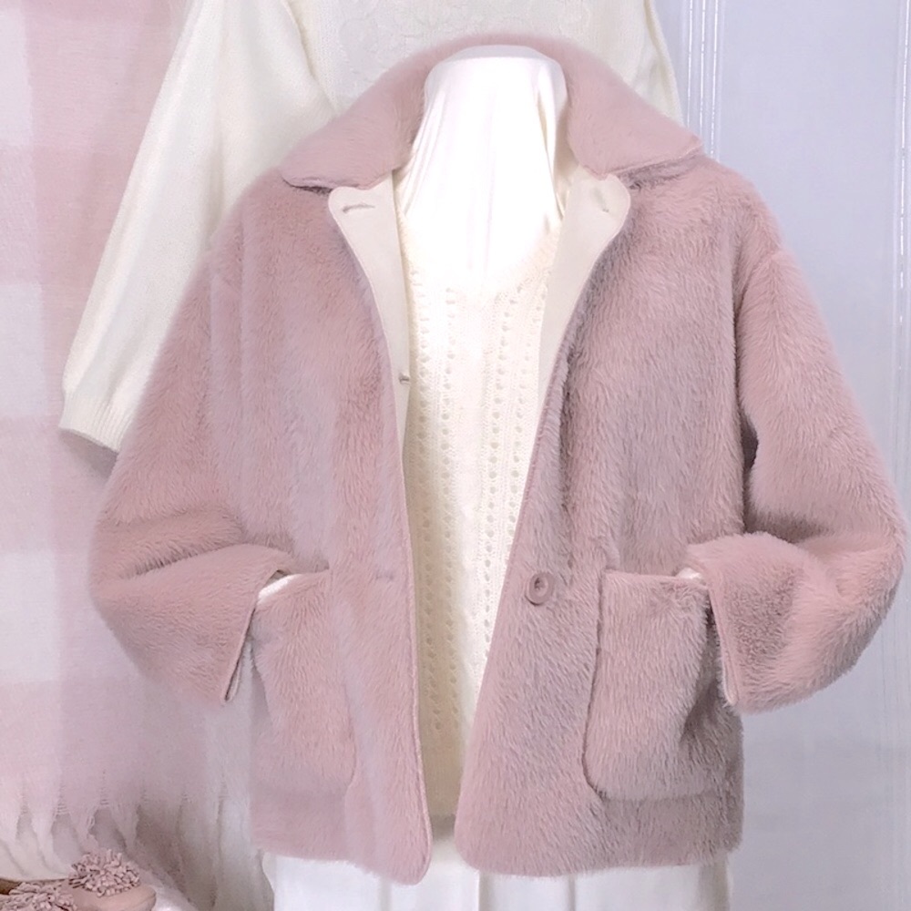 🤍MUA Pink Faux Fur Suede Mouton Three-Quarter Sleeve Button Front Pockets